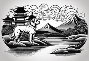 Scenic River in a dog shaped head tattoo idea