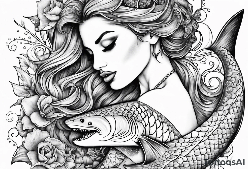 Mermaid kissing a shark tattoo idea