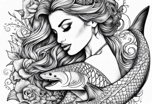 Mermaid kissing a shark tattoo idea