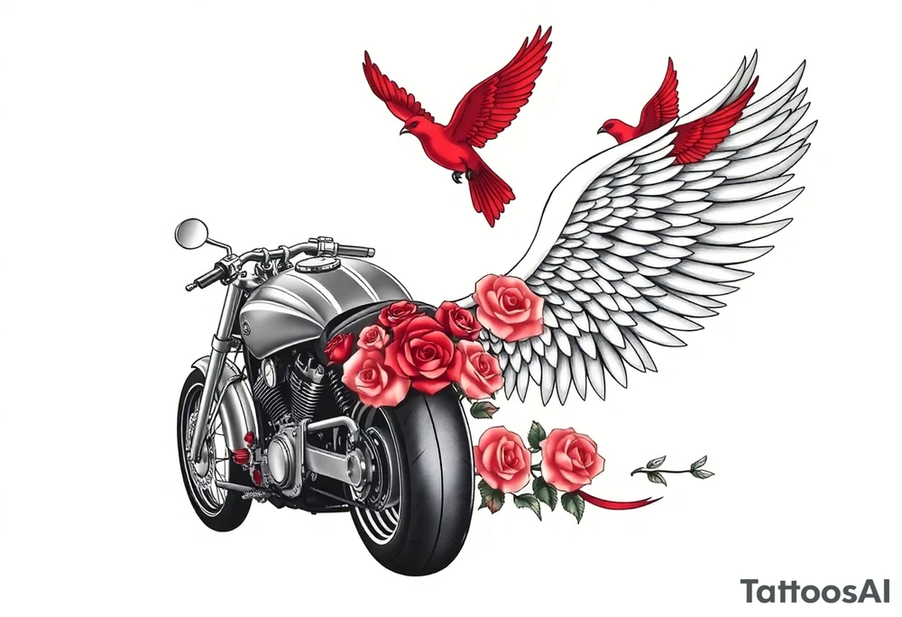Harley grey motorcycle driving away, two red birds flying, roses, flames, angel wings tattoo idea