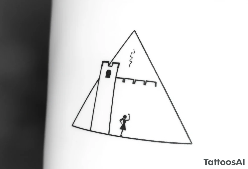 Create a minimalistic tattoo design based on a trapezoid shape representing a trap or siege. The trapezoid is the main background and frame.

Inside the trapezoid:

1. A small, simple castle at the top center with smooth walls and a short tower on one side, symbolizing loneliness.


2. A tiny black brick embedded in the castle wall, representing a 225 mg Tramadol pill — looks like a small dark dot from afar.


3. A small smiling mask on the tower with two dots for eyes and a curved line for a mouth, symbolizing hiding inner pain behind a smile.


4. A thin, irregular crack running from the bottom to the top of the castle wall, representing inner wounds and fractures.


5. A thin diagonal ray of light shining from one of the castle windows, symbolizing hope amidst darkness.


6. An abstract, minimal dancer figure in the castle courtyard made with simple lines, symbolizing dancing and perseverance despite being trapped.



The overall design should look clean and geometric from afar, but each element carries personal symbolism and emotional depth. tattoo idea