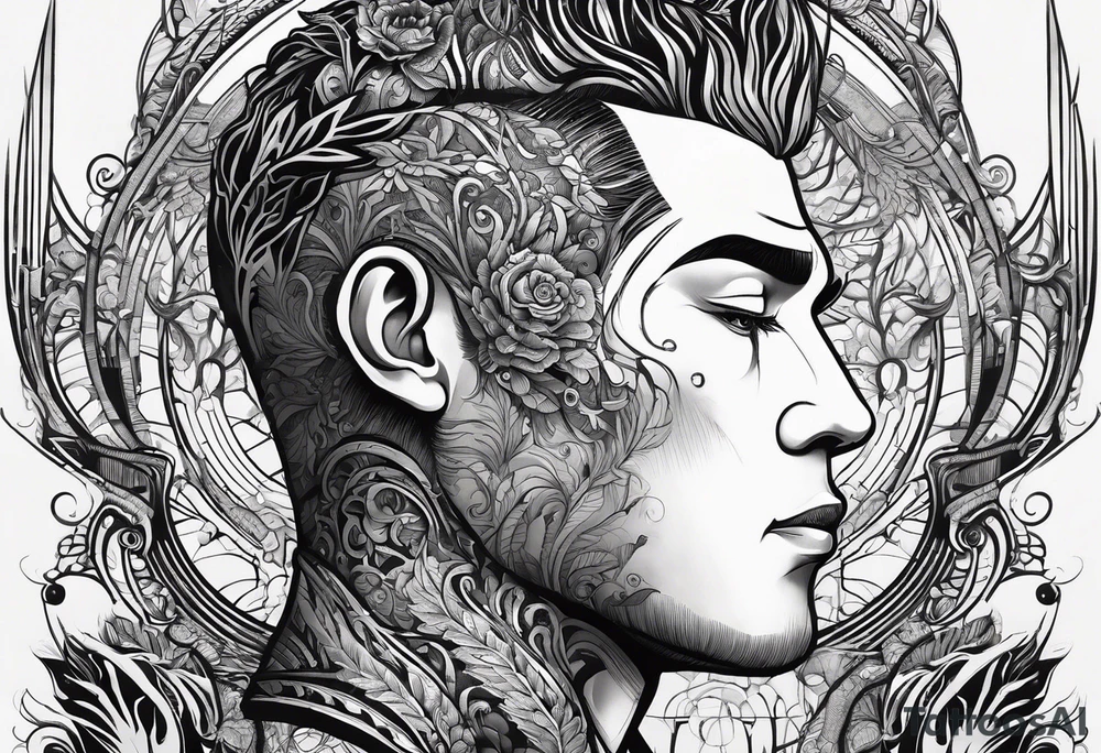 elongated plant-like pattern for hair growing from a slightly pained male face, with a mechanical designed brain showing efficient design tattoo idea