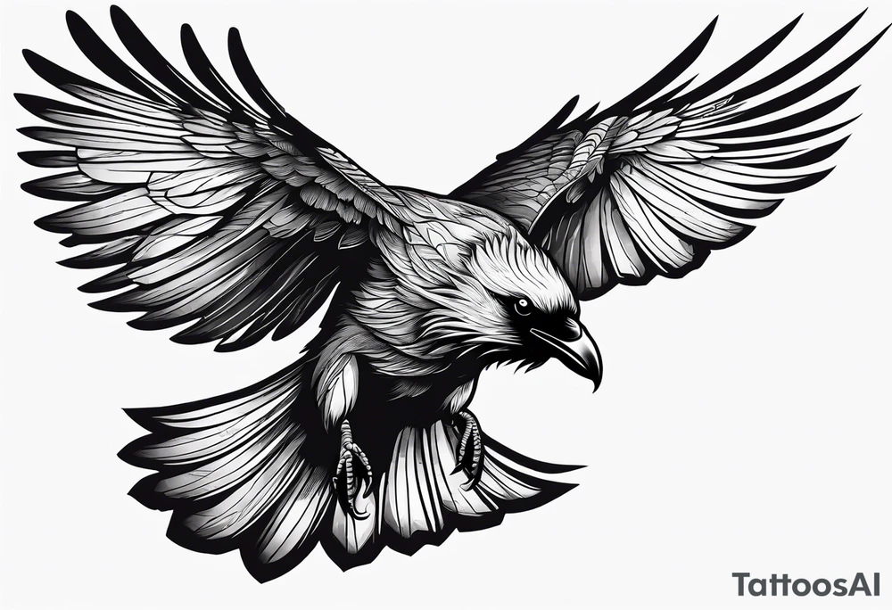 draw the outline of a flying raven, both wings are full on fire tattoo idea