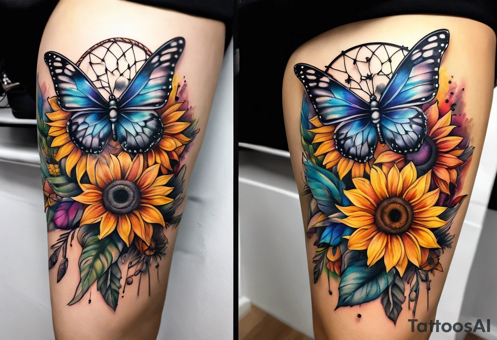 Quarter Leg sleeve with dreamcatcher, rainbow sunflowers and one butterfly tattoo idea