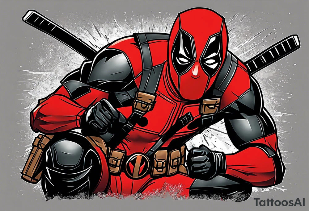 Banner with Text: A worn, dark banner wraps around Deadpool with the phrase "NEVER DEAD" in bold, cracked letters that give a strong and aggressive impression. The banner has small torn details, as if it’s been through rough conditions, with shading that adds depths. tattoo idea