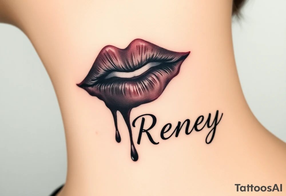 Seductive Stain from lipstick kiss with name Reney lowercase with drool black and white tattoo idea