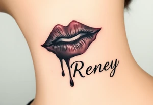 Seductive Stain from lipstick kiss with name Reney lowercase with drool black and white tattoo idea