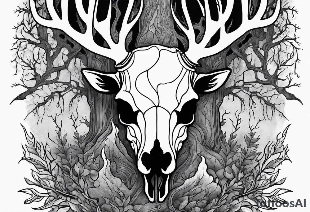 A side profile of decayed deer skull surrounded by trees and fire tattoo idea