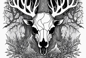 A side profile of decayed deer skull surrounded by trees and fire tattoo idea