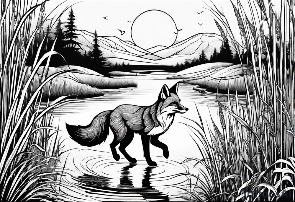 Fox jumping in swamp reeds tattoo idea