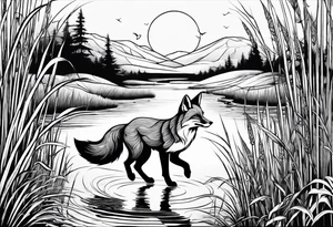 Fox jumping in swamp reeds tattoo idea
