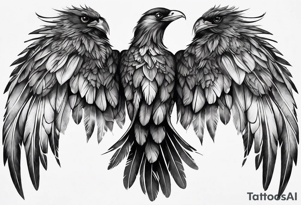 wings extending from a mens shoulders, covering the upper arms and upper back. The feathers are intricately detailed, with soft shading in black and gray to create depth and texture. tattoo idea