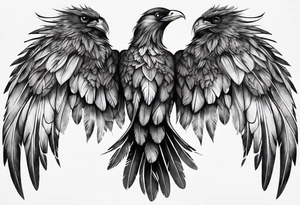 wings extending from a mens shoulders, covering the upper arms and upper back. The feathers are intricately detailed, with soft shading in black and gray to create depth and texture. tattoo idea
