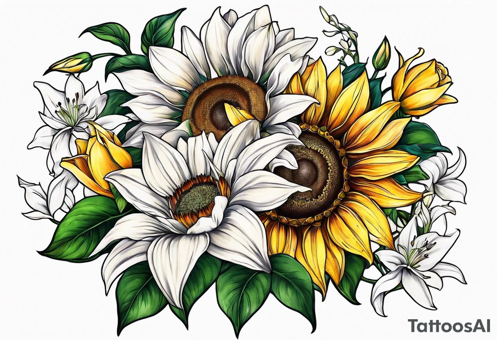 sunflower and lily and rose boquet tattoo idea