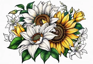 sunflower and lily and rose boquet tattoo idea