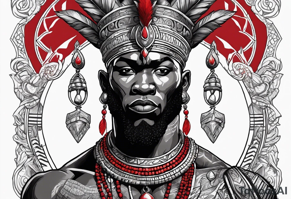african god of war,  wearing a small silver crown and wearing a red necklace tattoo idea