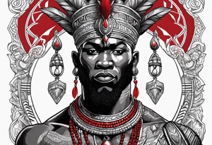 african god of war,  wearing a small silver crown and wearing a red necklace tattoo idea