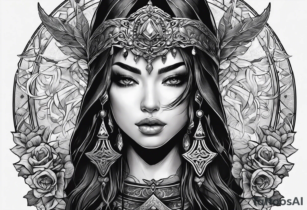 Bind Girl with cover on her eyes with a sword in her hand and in the other hand Golda a scale tattoo idea