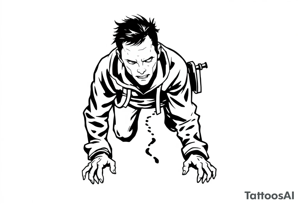 Confusion and pressure in thin lines solo traveler with no face with his body parts left on the path he’s crawling tattoo idea