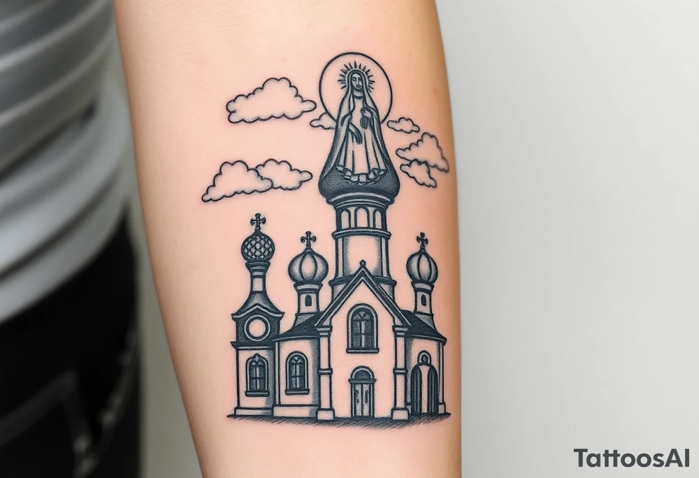 Russian Orthodox church with orthodox spire crosses, with clouds above it and a virgin mary over looking sat above tattoo idea