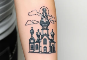 Russian Orthodox church with orthodox spire crosses, with clouds above it and a virgin mary over looking sat above tattoo idea