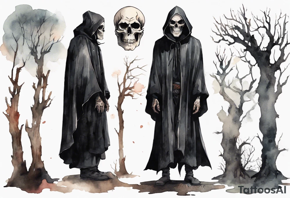 a thin medieval man in a black cloak wearing a skull mask, standing alone in a gloomy place with dead trees tattoo idea