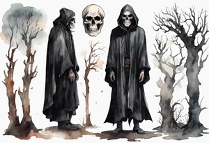 a thin medieval man in a black cloak wearing a skull mask, standing alone in a gloomy place with dead trees tattoo idea