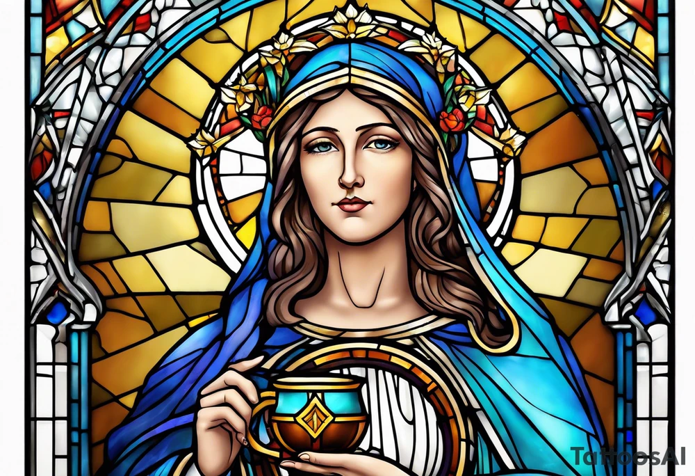 holy saint woman with halo stained glass holding a chalice tattoo idea