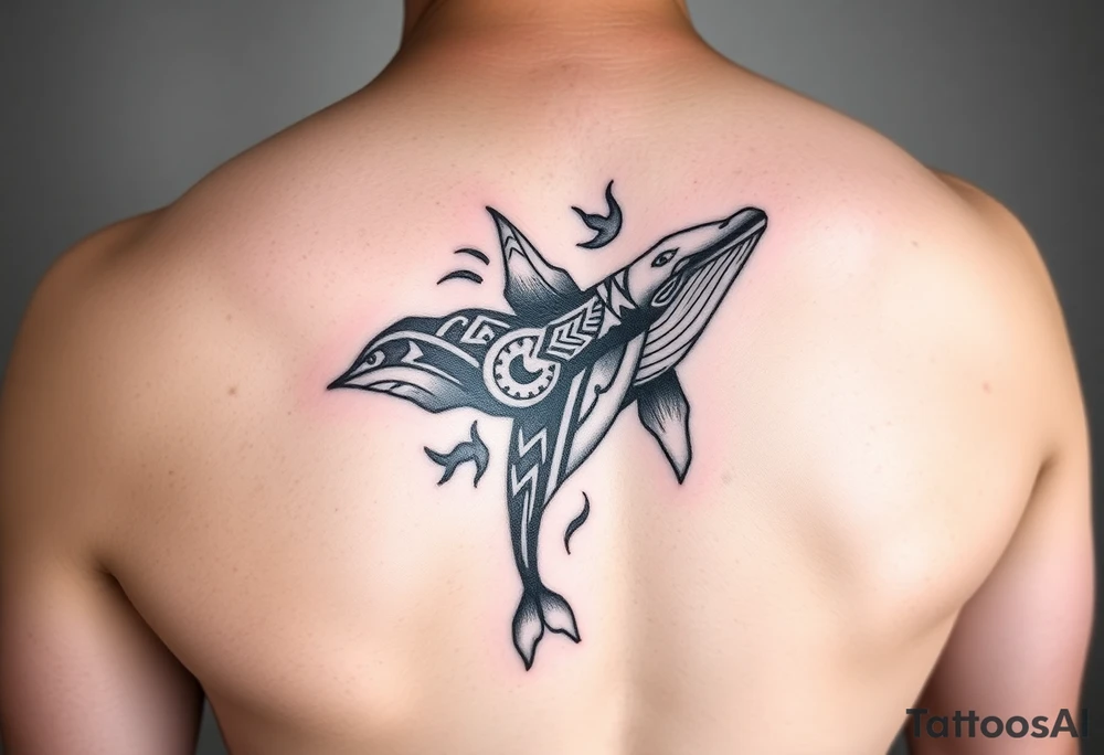 tribal whales with Rangiroa on the back tattoo idea
