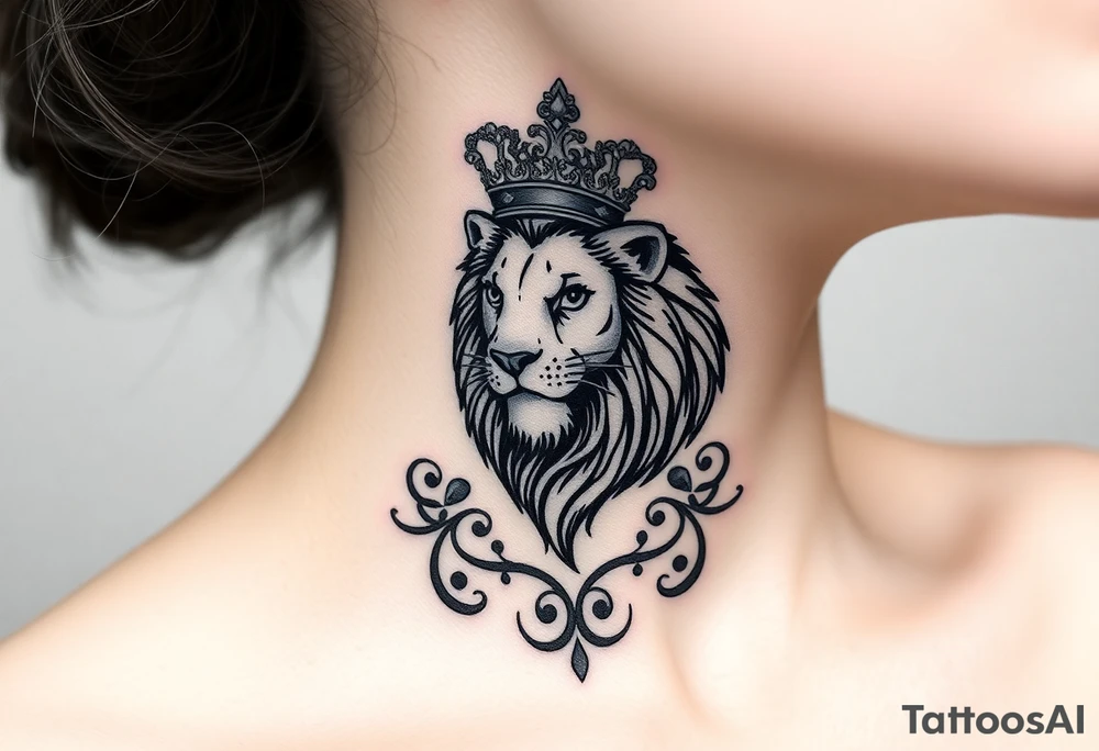 majestic lion wearing ornate crown, surrounded by baroque flourishes tattoo idea