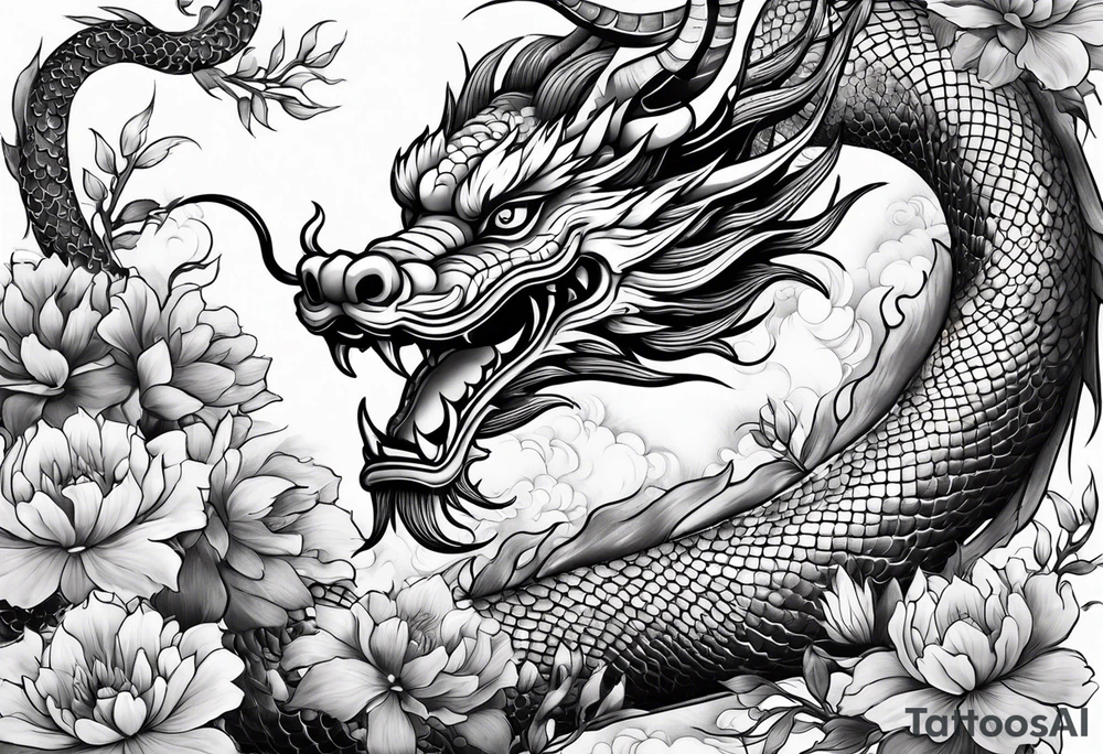 Chinese dragon with flowers tattoo idea