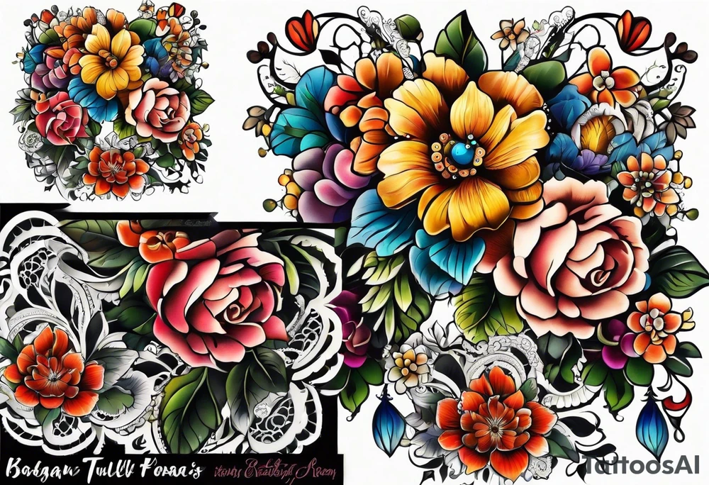 Floral leg piece with beading and lace tattoo idea. colorful, old school flowers, highly detailed, florals. white background. intricate highly detailed, tattoo idea
