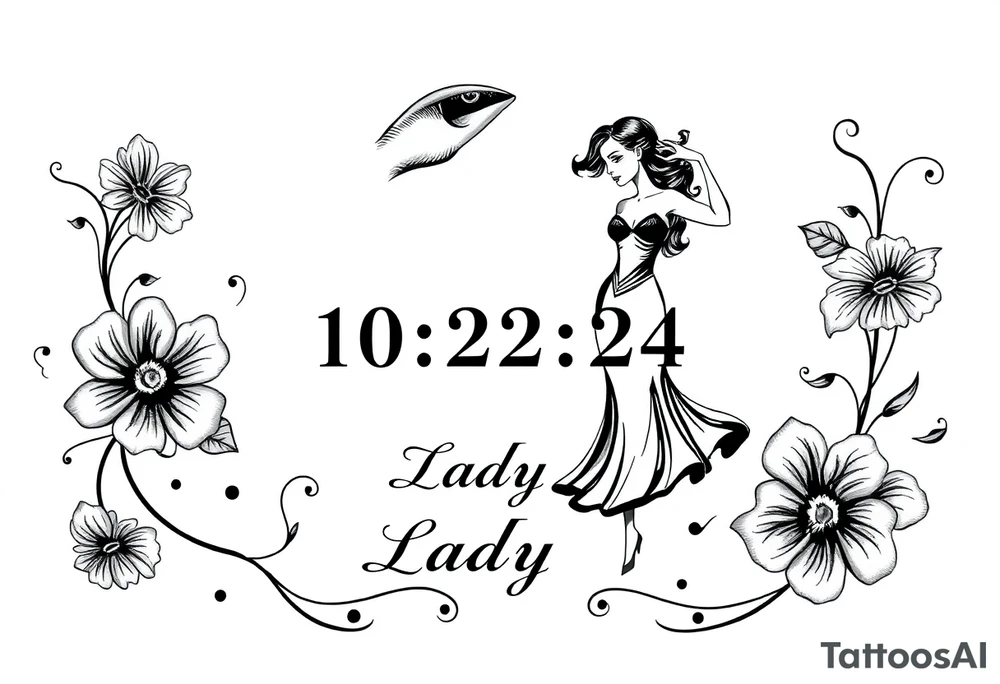 A cancer dedication with the date 10-22-24. With the name ‘Lady’. With salsa music and dancing elements. tattoo idea