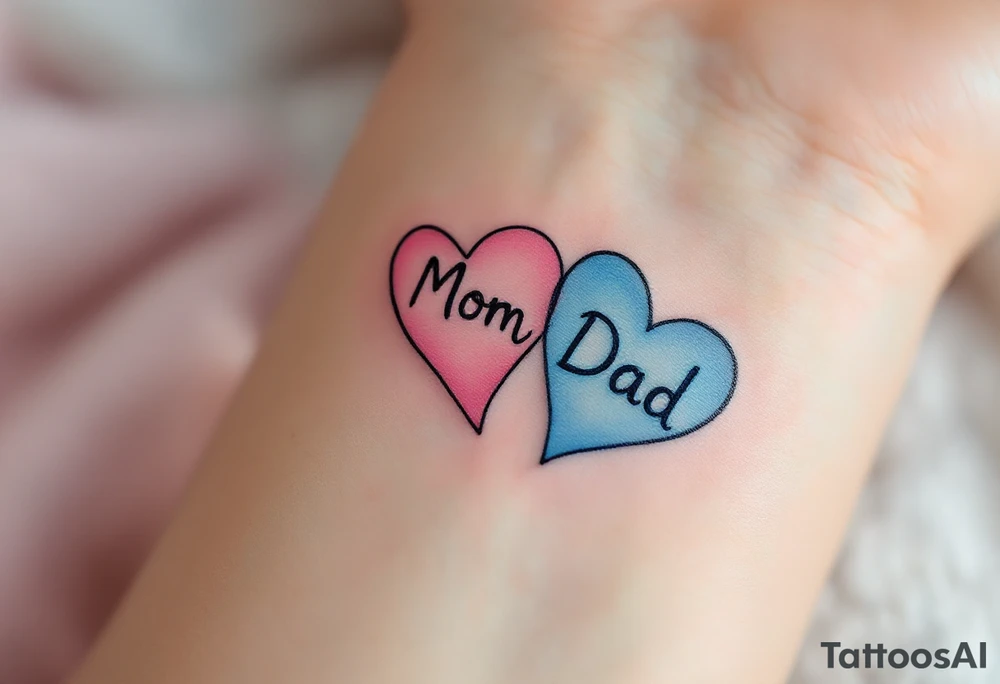 A split heart tattoo: one side in soft pink labeled “Mom,” the other in sky blue labeled “Dad.” tattoo idea