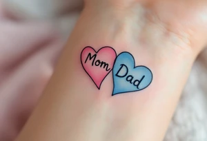A split heart tattoo: one side in soft pink labeled “Mom,” the other in sky blue labeled “Dad.” tattoo idea