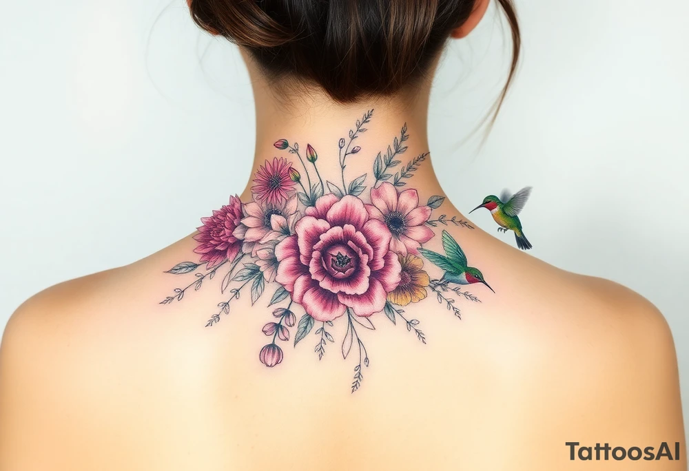 Bouquet of flowers With A carnation, Aster, rose, Lily, two Larkspur,  narciussus, And two hummingbirds tattoo idea