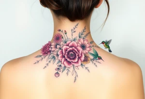 Bouquet of flowers With A carnation, Aster, rose, Lily, two Larkspur,  narciussus, And two hummingbirds tattoo idea