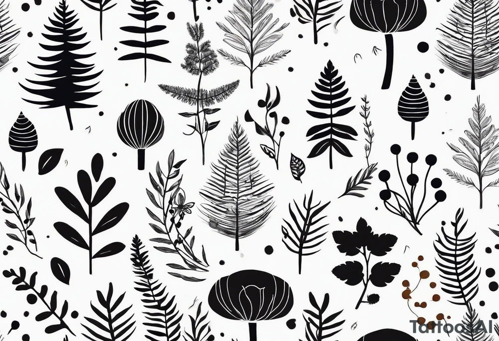 forest floor inspired minimalist tattoo, which includes grass, curly ferns, moss and dead leaves as the bulk of the tattoo. details to include: forest berries, a tiny bumblebee flying nearby, three small brown mushrooms
Generate a vertically long one tattoo idea