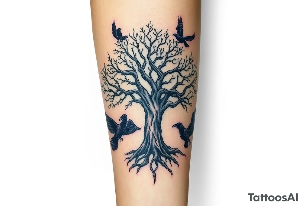 The Tree of Life, color infused, full forearm, ravens flying around it, tattoo idea