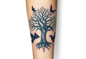 The Tree of Life, color infused, full forearm, ravens flying around it, tattoo idea