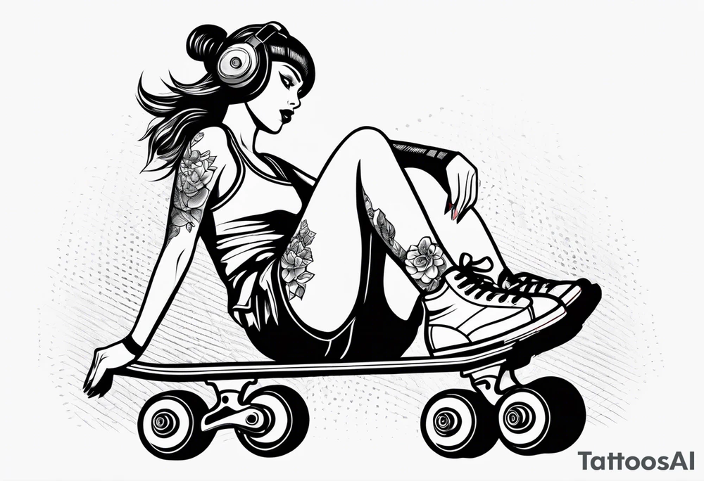 Girl roller skating with knee pads tattoo idea