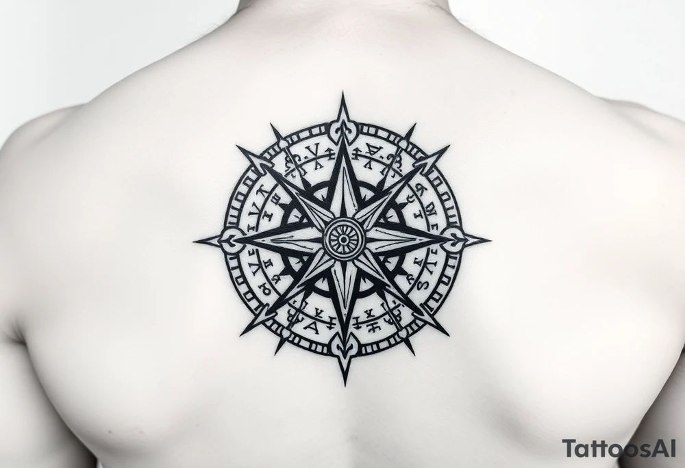 Create a line work Viking compass using symbols for protection, wisdom, and knowledge from both the Aztec and Viking cultures. Make the image very simple and able to print. Outline only not a lot of thick black use elder futhark runes for protection, wisdom and luck. tattoo idea