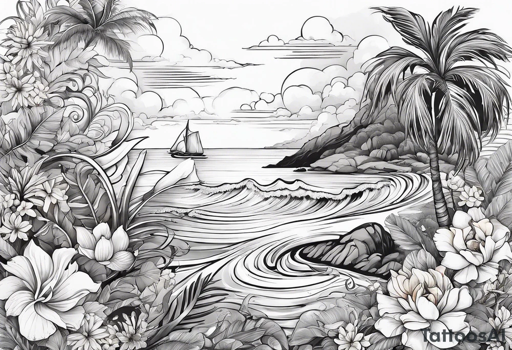 sea, flower, palm, animal tattoo idea