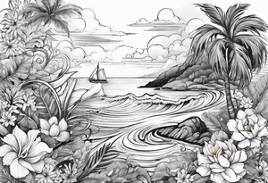 sea, flower, palm, animal tattoo idea