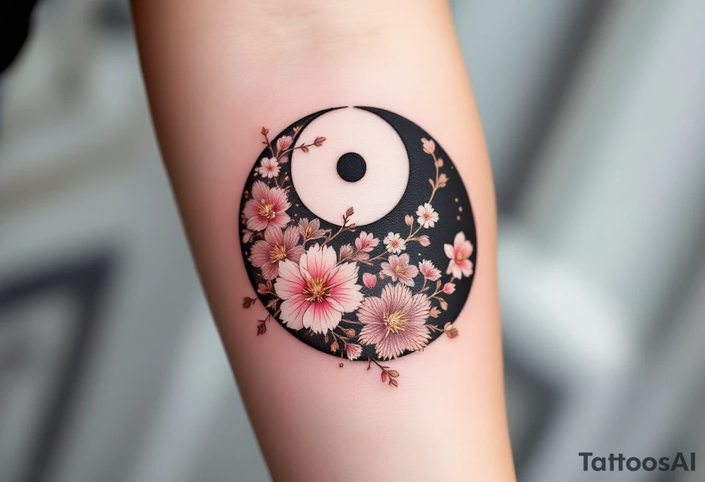 A beautifully detailed yin-yang symbol, seamlessly blending black and white ink. The black half is adorned with delicate golden floral engravings while the white half features soft pink cherry blossoms, representing purity and new beginnings. tattoo idea