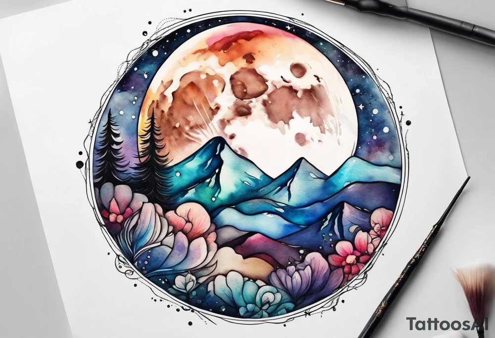 Moon with water color tattoo idea