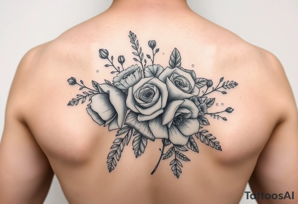 vintage bouquet of wild roses and meadow flowers with morning dew tattoo idea