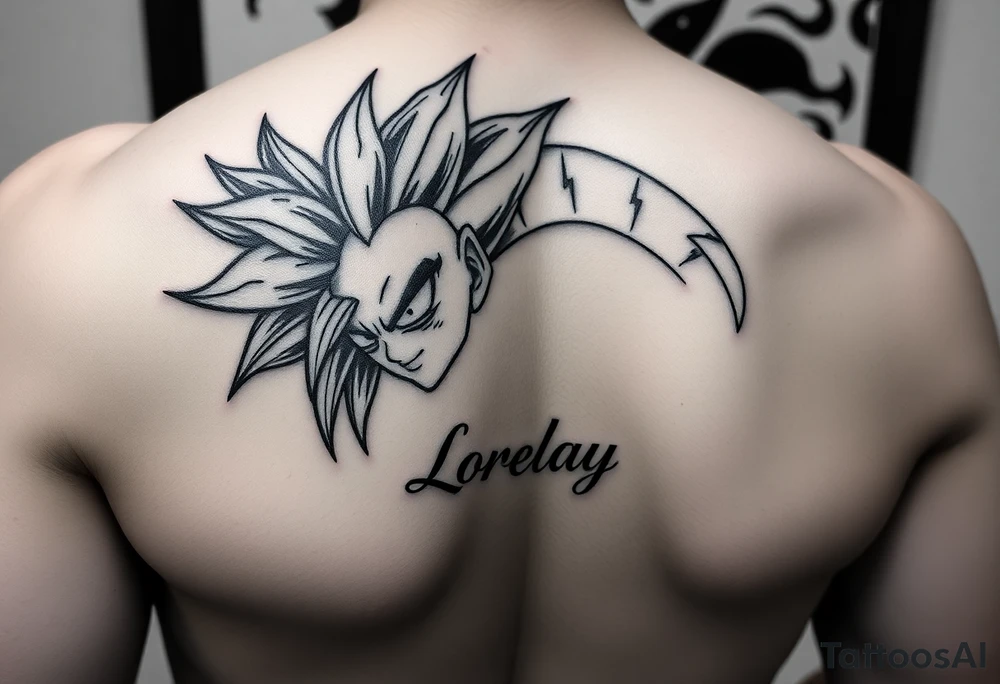 Créame un diseño en miniatura para la parte baja del bicep de un personaje principal chica 
de dragón Ball z con el nombre de lorelay escrito por debajo del diseño tattoo idea