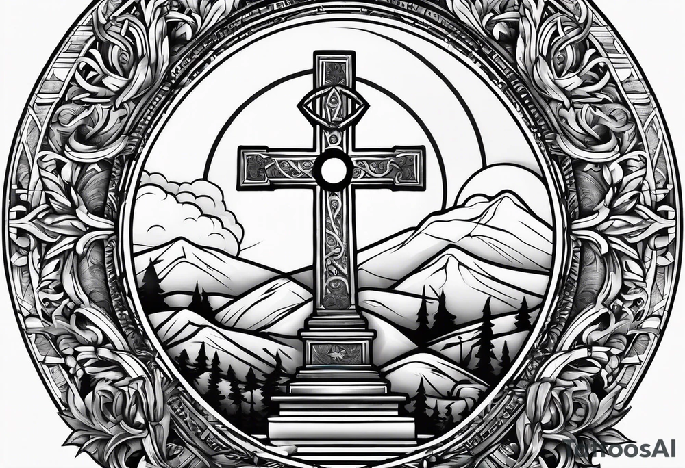Tomb with cross and sun in the background tattoo idea