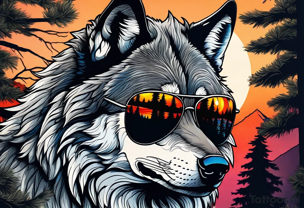 Badass wolf wearing sunglasses
Dark woods
Mountains
Sunset tattoo idea